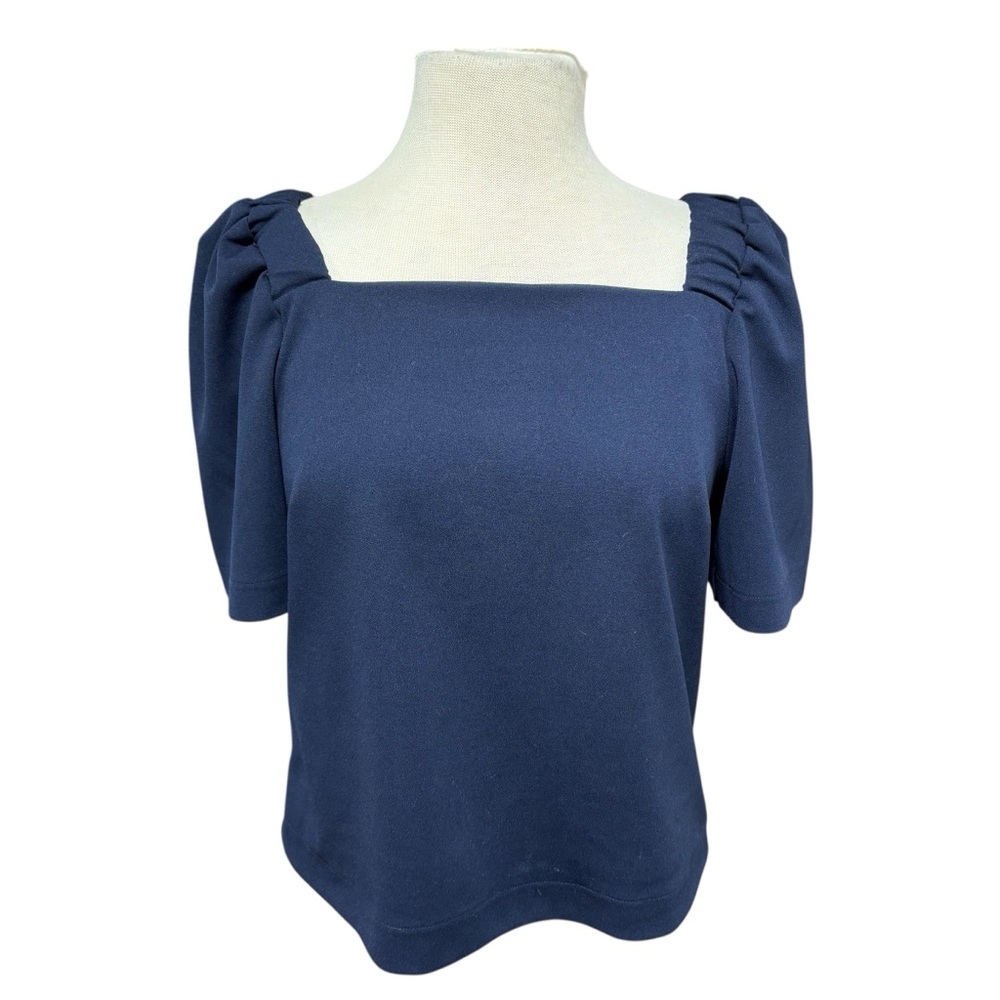 Ann Taylor Factory Navy Blue Square Neck Puff Sleeve Knit Top Blouse Small #844